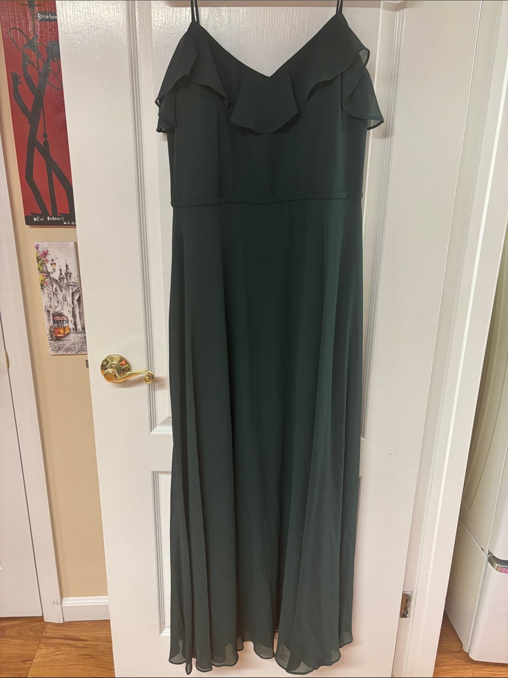 Bill Levkoff Dark Green Ruffle Spaghetti Strap Maxi Dress